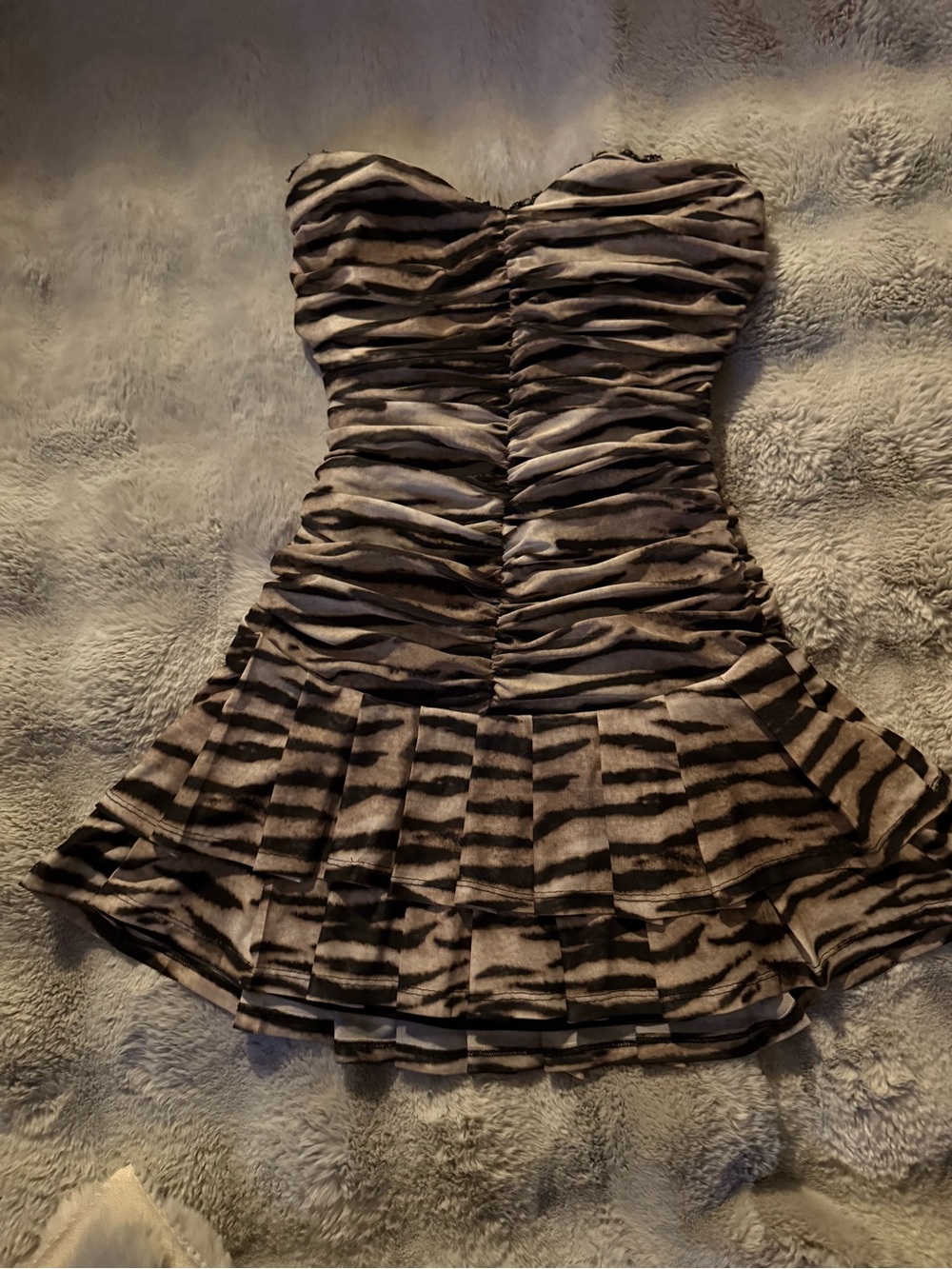 Windsor Strapless Ruched Zebra-Print Dress in Black and Gray